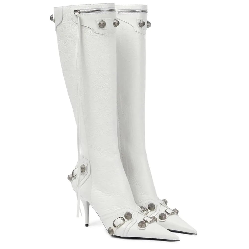 Silver Knee High Heel Boots