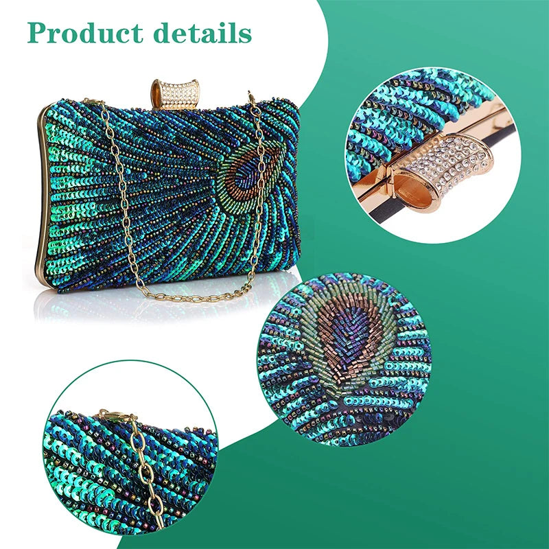 Green Peacock Beaded Sequins Evening Handbags Women Envelope Party Wedding Bridal Purses Formal Female Shoulder Messenger Bags