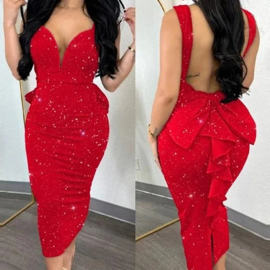 Hip Wrap Open Back Deep V High Waist Split Bodycon Dress
