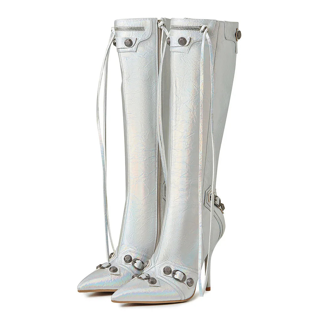 Silver Knee High Heel Boots