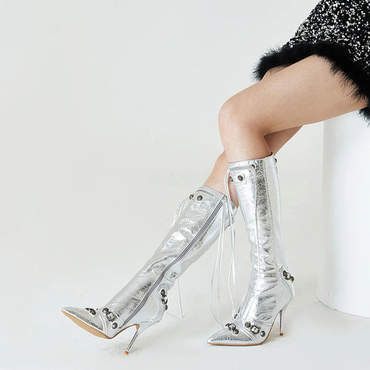 Silver Knee High Heel Boots