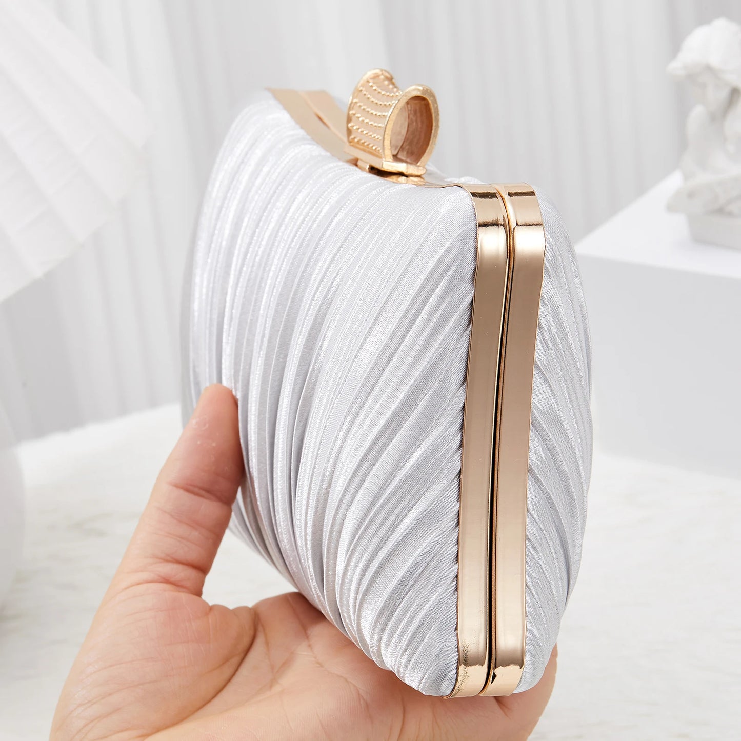 Pleated Evening Clutch Bag with Rhinestone Buckle