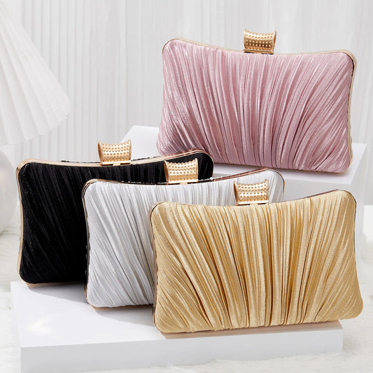 Pleated Evening Clutch Bag with Rhinestone Buckle