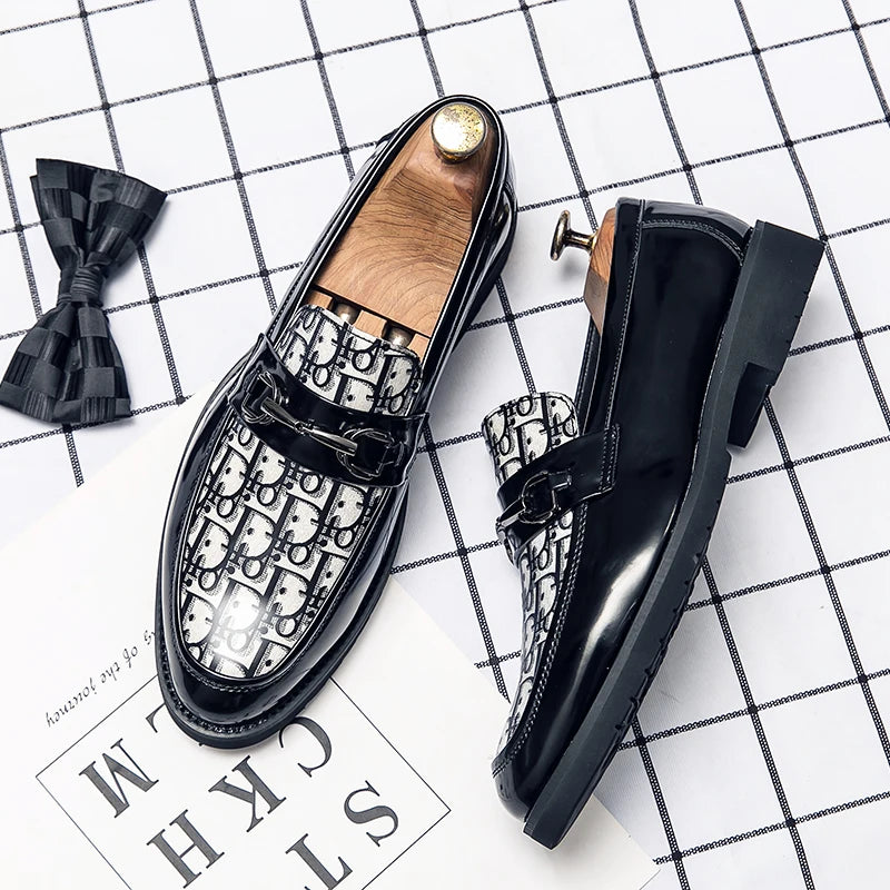 Brand Men's Dress Shoes Big Size 38-46 Pointed Toe Flat Formal Shoes Man Luxury Moccasins Fashion Printed Leather Shoes For Man