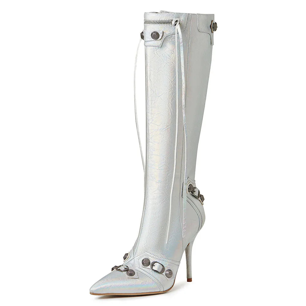 Silver Knee High Heel Boots