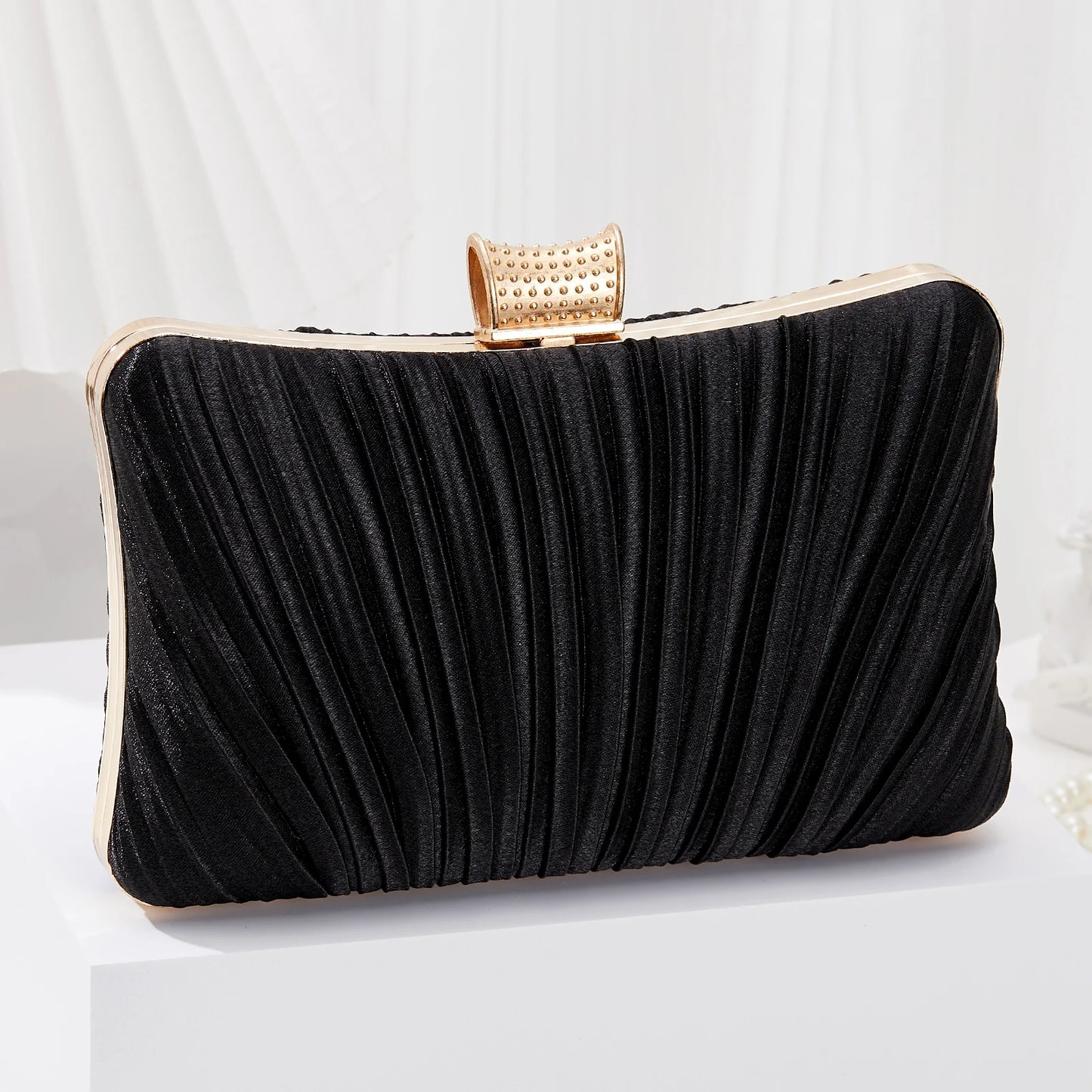 Pleated Evening Clutch Bag with Rhinestone Buckle