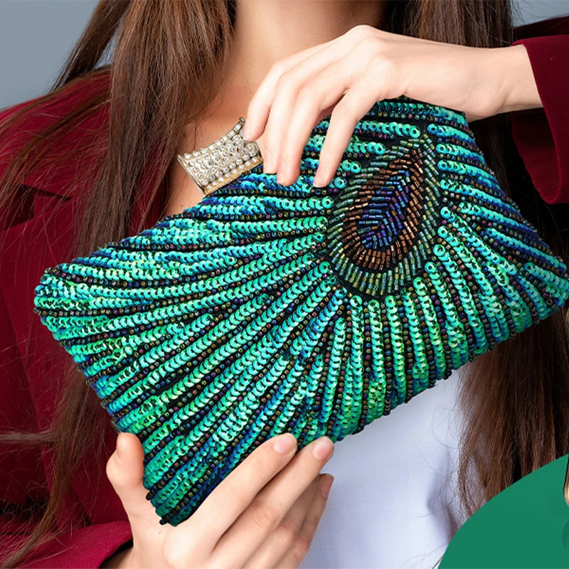 Green Peacock Beaded Sequins Evening Handbags Women Envelope Party Wedding Bridal Purses Formal Female Shoulder Messenger Bags