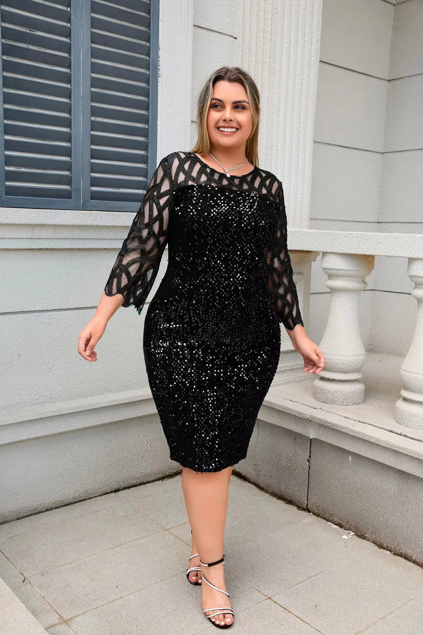Sequin Mesh Long Sleeves Dress