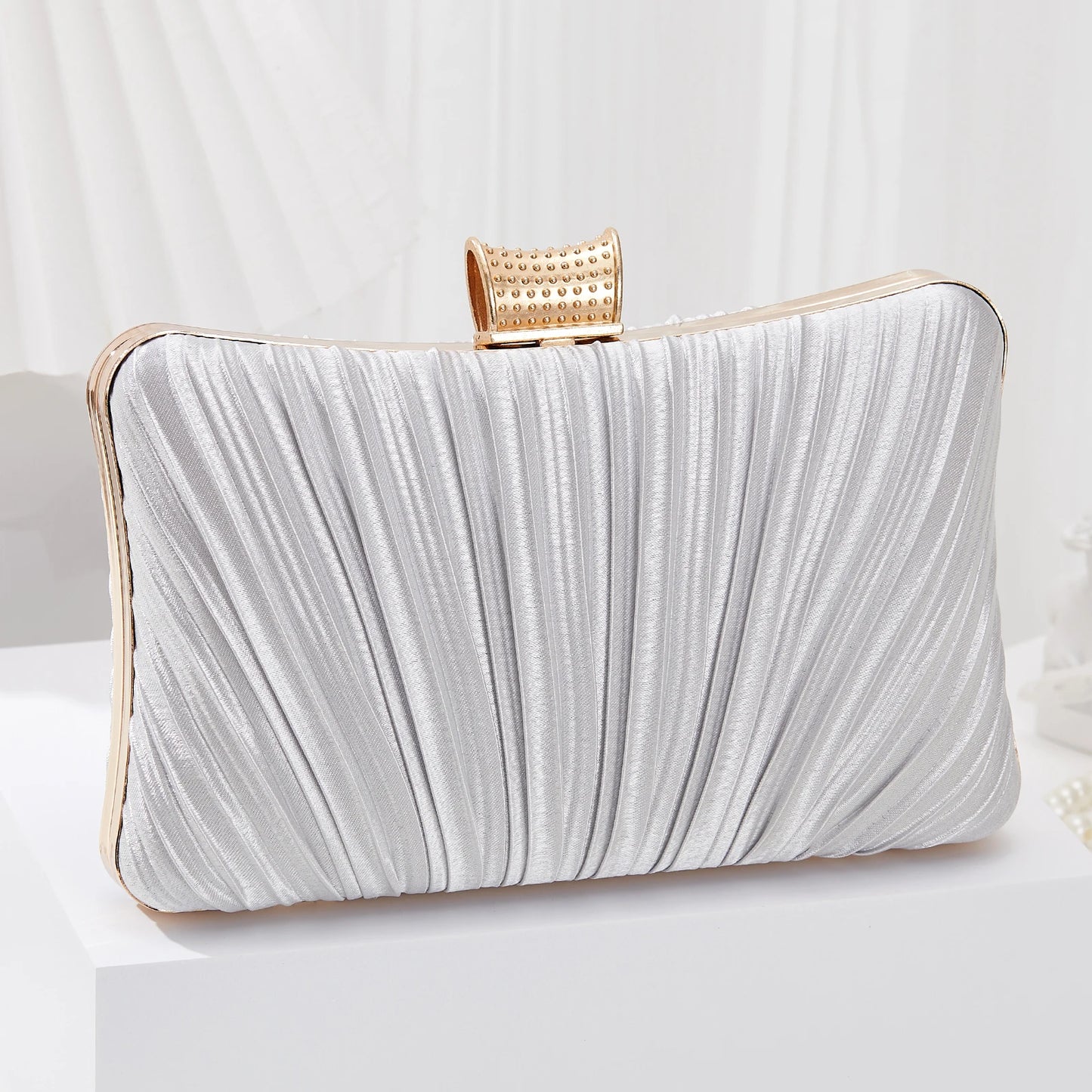 Pleated Evening Clutch Bag with Rhinestone Buckle