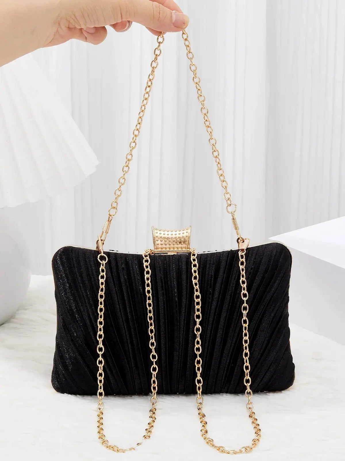 Pleated Evening Clutch Bag with Rhinestone Buckle