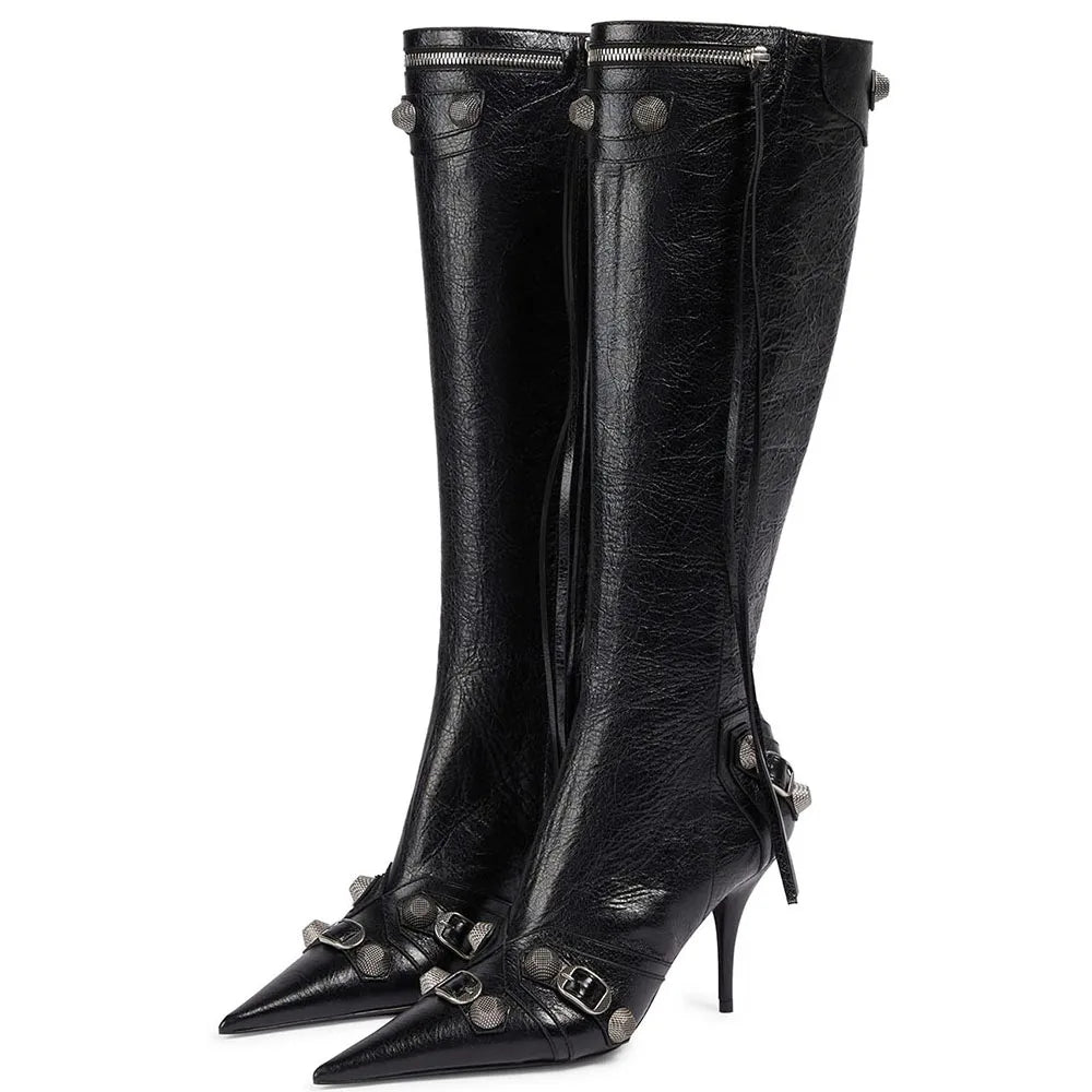 Silver Knee High Heel Boots