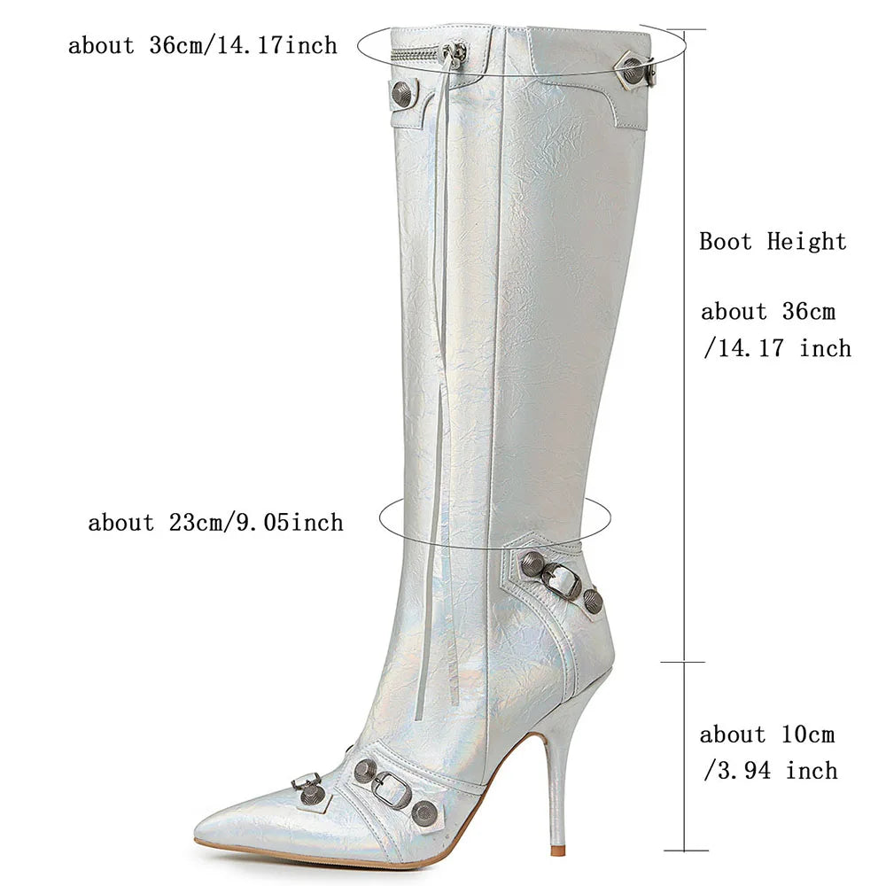 Silver Knee High Heel Boots