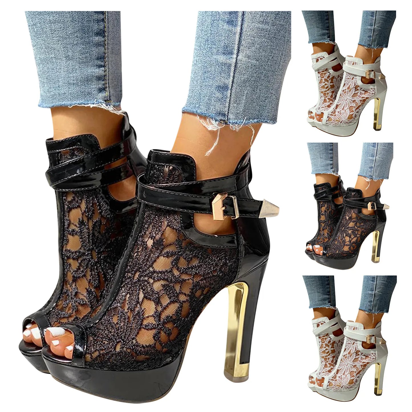 Floral Lace Hollow High Heel