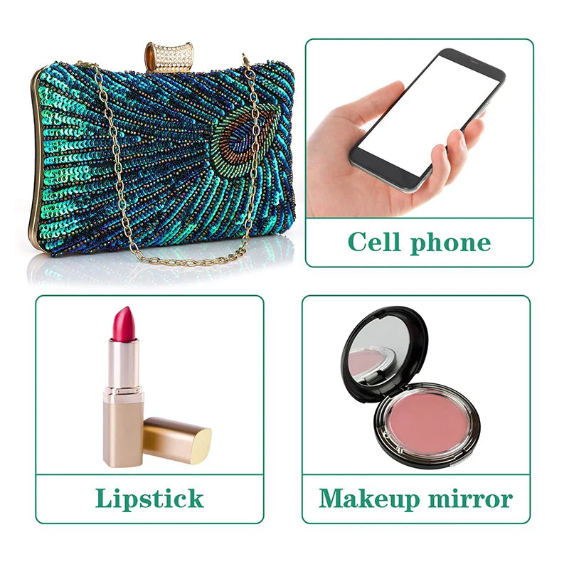 Green Peacock Beaded Sequins Evening Handbags Women Envelope Party Wedding Bridal Purses Formal Female Shoulder Messenger Bags