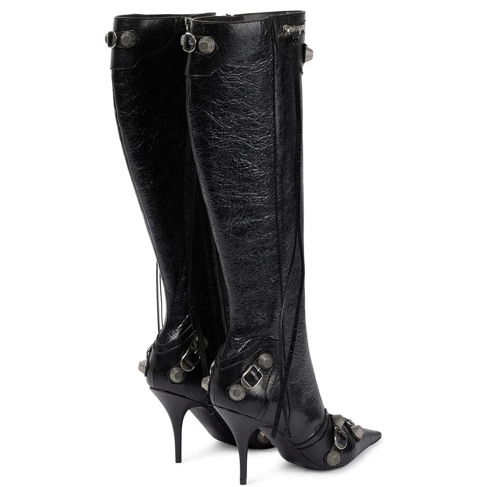 Silver Knee High Heel Boots