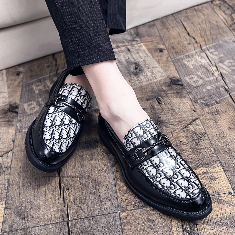 Brand Men's Dress Shoes Big Size 38-46 Pointed Toe Flat Formal Shoes Man Luxury Moccasins Fashion Printed Leather Shoes For Man