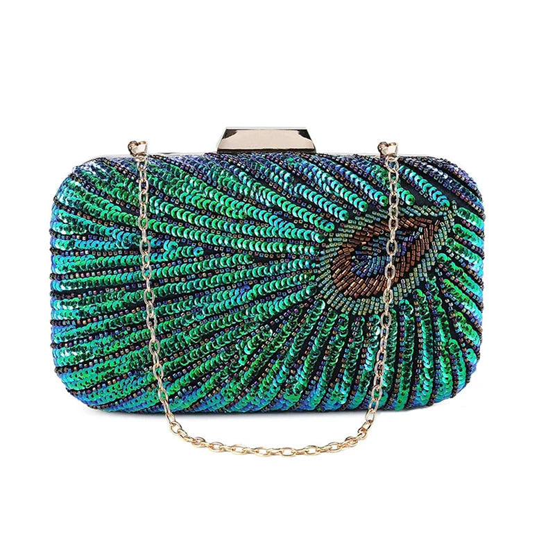 Green Peacock Beaded Sequins Evening Handbags Women Envelope Party Wedding Bridal Purses Formal Female Shoulder Messenger Bags
