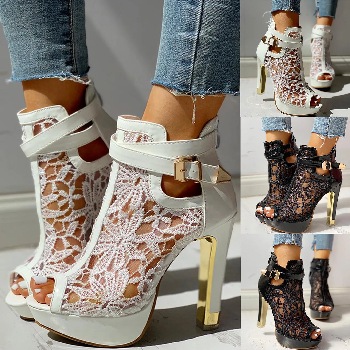 Floral Lace Hollow High Heel