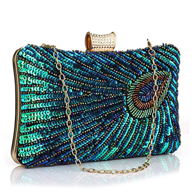 Green Peacock Beaded Sequins Evening Handbags Women Envelope Party Wedding Bridal Purses Formal Female Shoulder Messenger Bags