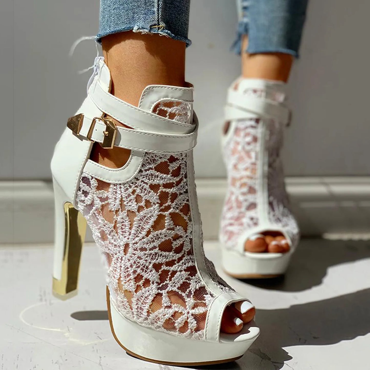 Floral Lace Hollow High Heel