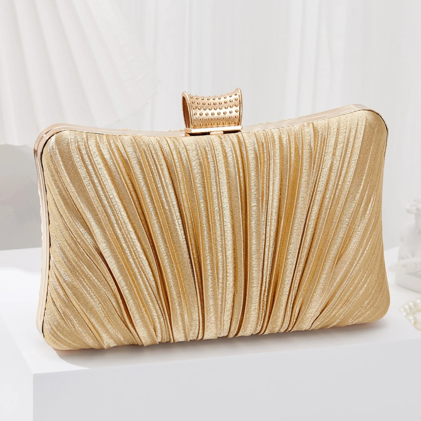 Pleated Evening Clutch Bag with Rhinestone Buckle